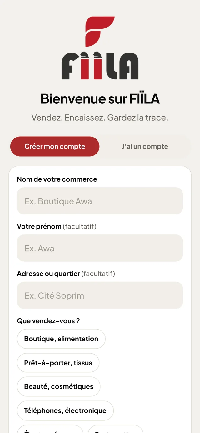 Écran Créer mon compte : nom du commerce, prénom, quartier, ce que vous vendez