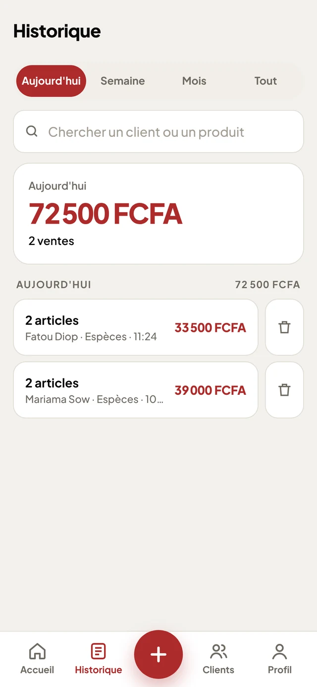 Historique avec le chiffre d'affaires du jour et la recherche par client