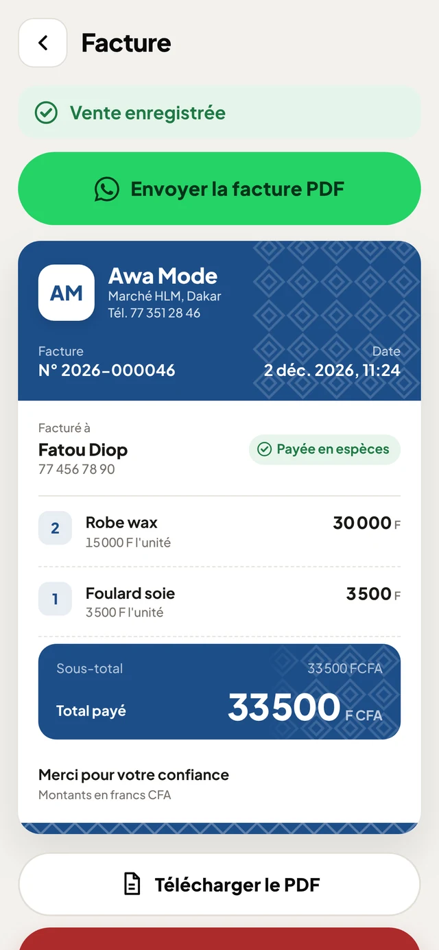Facture aux couleurs de la boutique, avec le bouton Envoyer la facture PDF