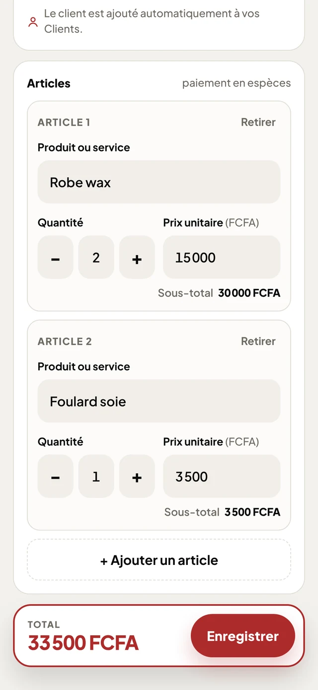 Écran Nouvelle vente : deux articles, le total calculé tout seul, 33 500 FCFA